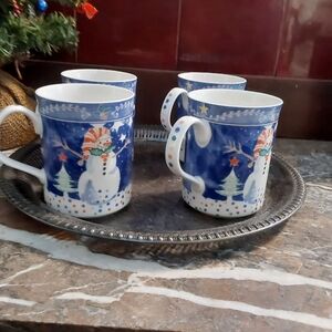 Vintage Set Of 4 Noritake Snowmen Mugs, 1997 Porcelain In Original Box